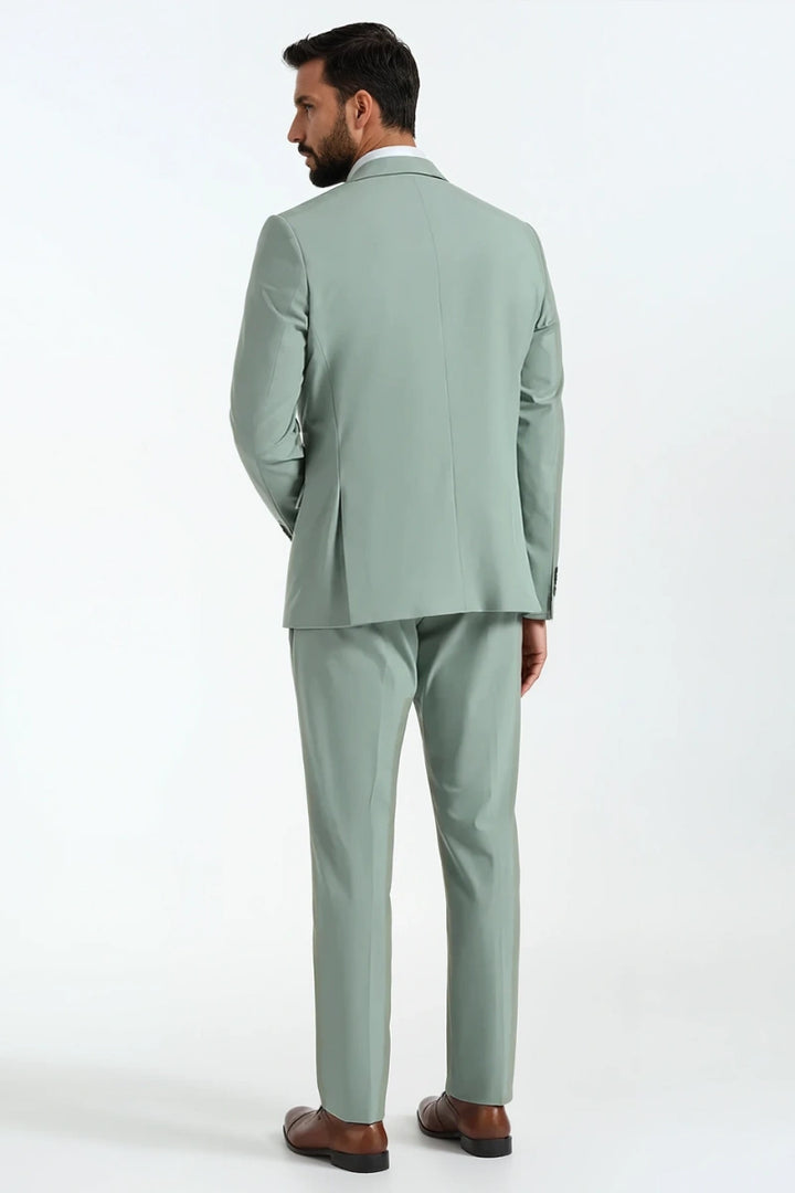 Elegant sage green three-piece suit for grooms and formal events-front
