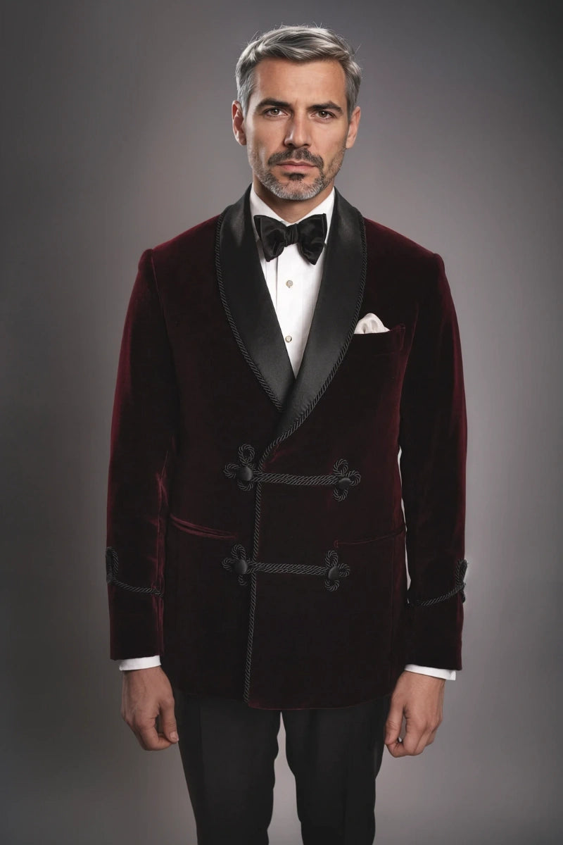 Men’s wine velvet double-breasted blazer with shawl lapel collar