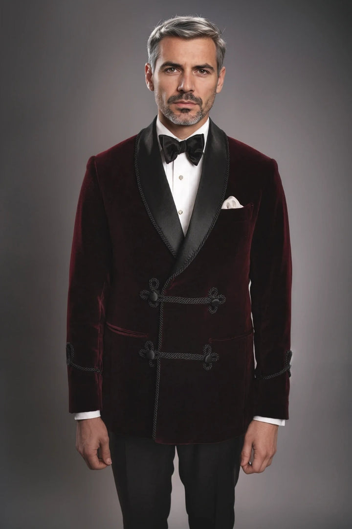 Men’s wine velvet double-breasted blazer with shawl lapel collar