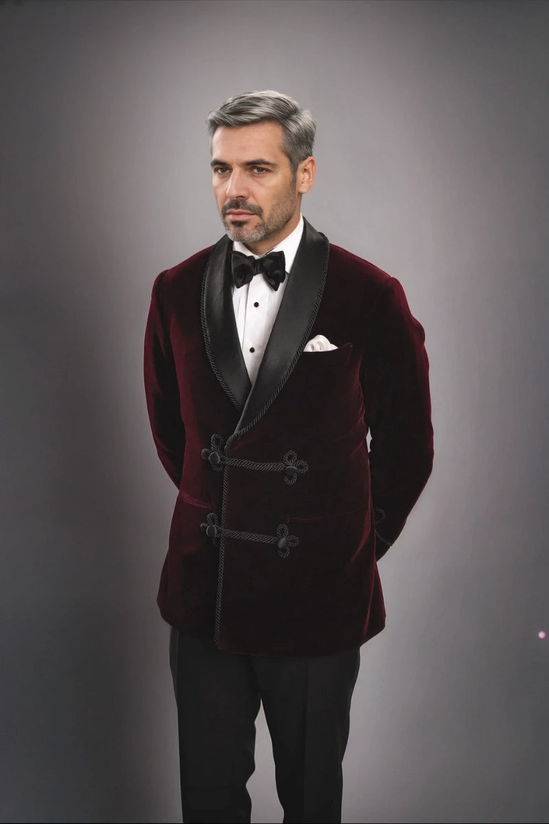 Stylish men’s velvet  jacket with fabric buttons and frog closure