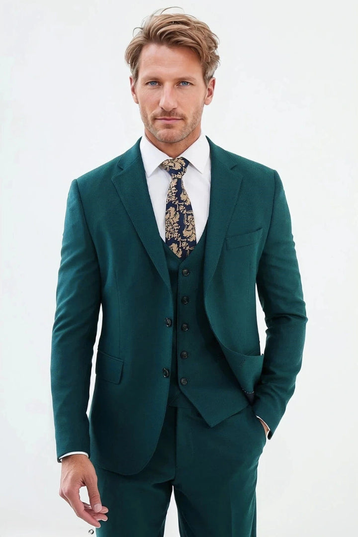 Men classic teal blue three-piece suit-Front