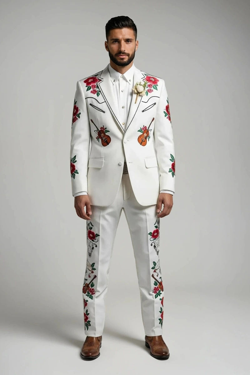Men’s white embroidered two-piece suit with floral and guitar design