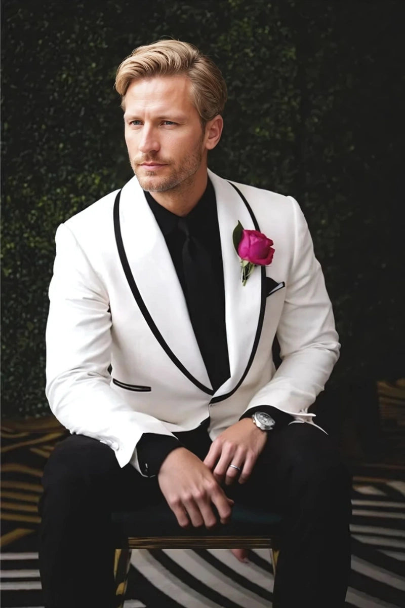 Stylish white blazer with black pants men’s formal suit-Front