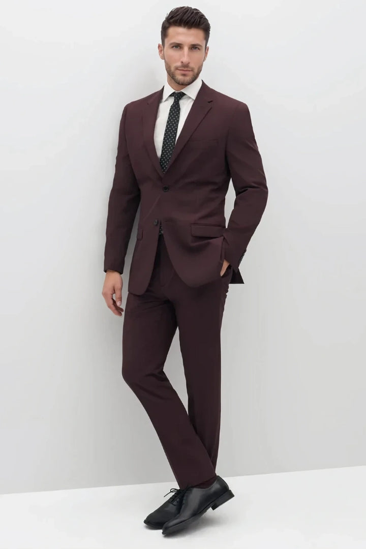 Stylish mens wine formal suit, perfect for weddings, parties, and office occasions-Front