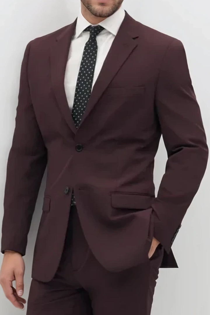 Men wine formal suit two-piece set with blazer and trousers for weddings, parties, and office-Front