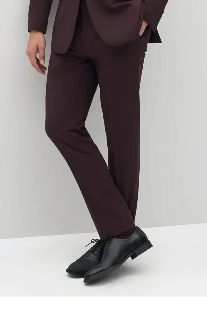 Classic men wine formal suit with tailored fit for office meetings, parties, and wedding celebrations-Front