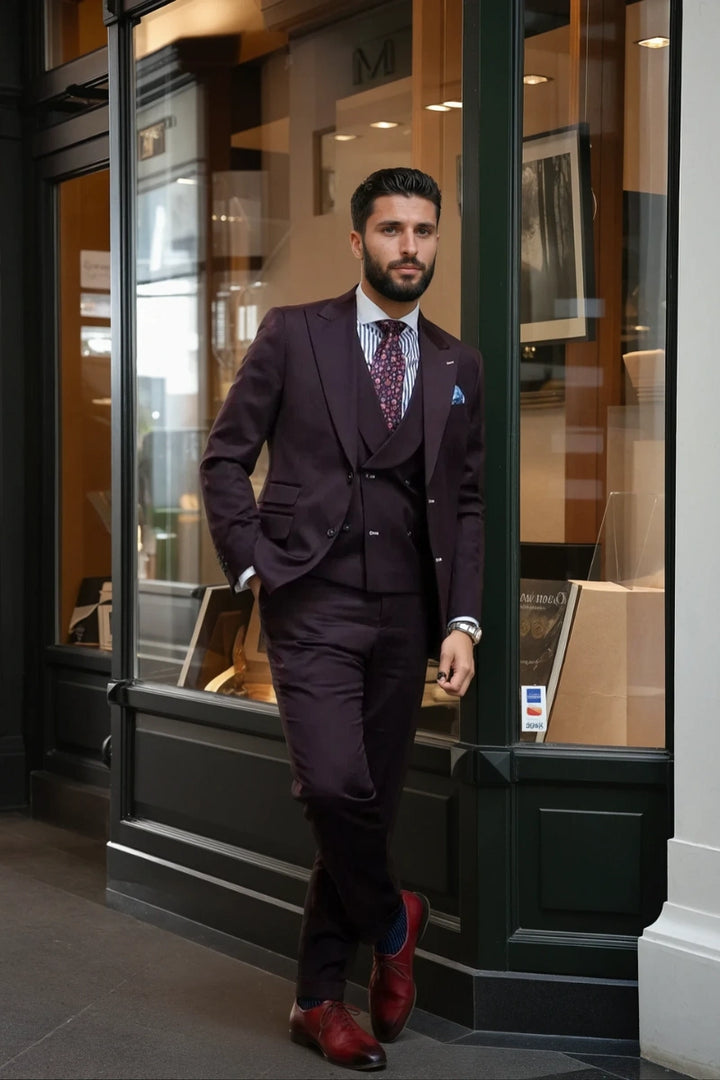 Men Stylish Wine Three Piece Suit-Front
