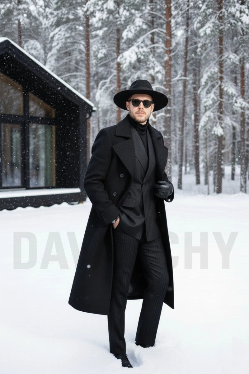 Men Black Long Coat -Front