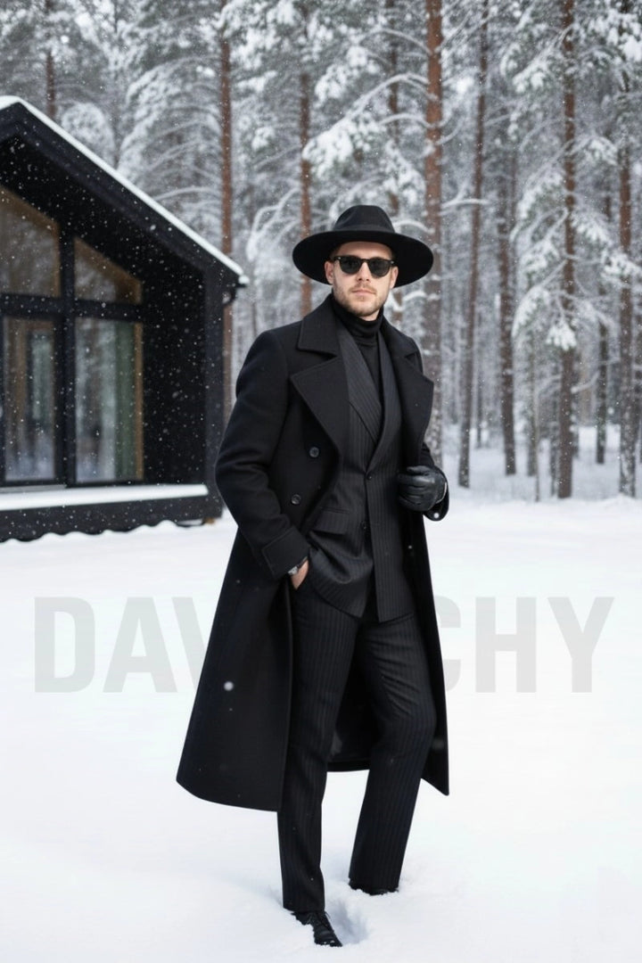 Men Black Long Coat -Front