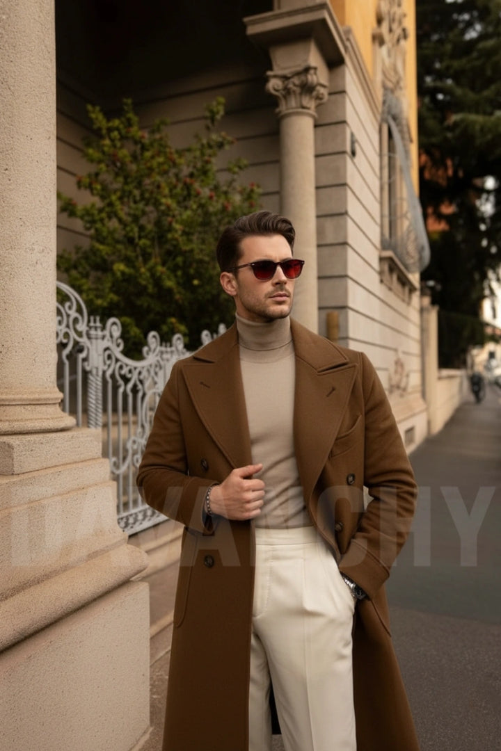 Men Brown Double Breasted Winter Overcoat-Front