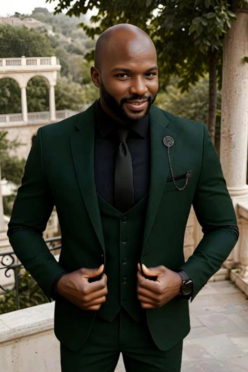 Men's emerald suit with waistcoat and flat front pants