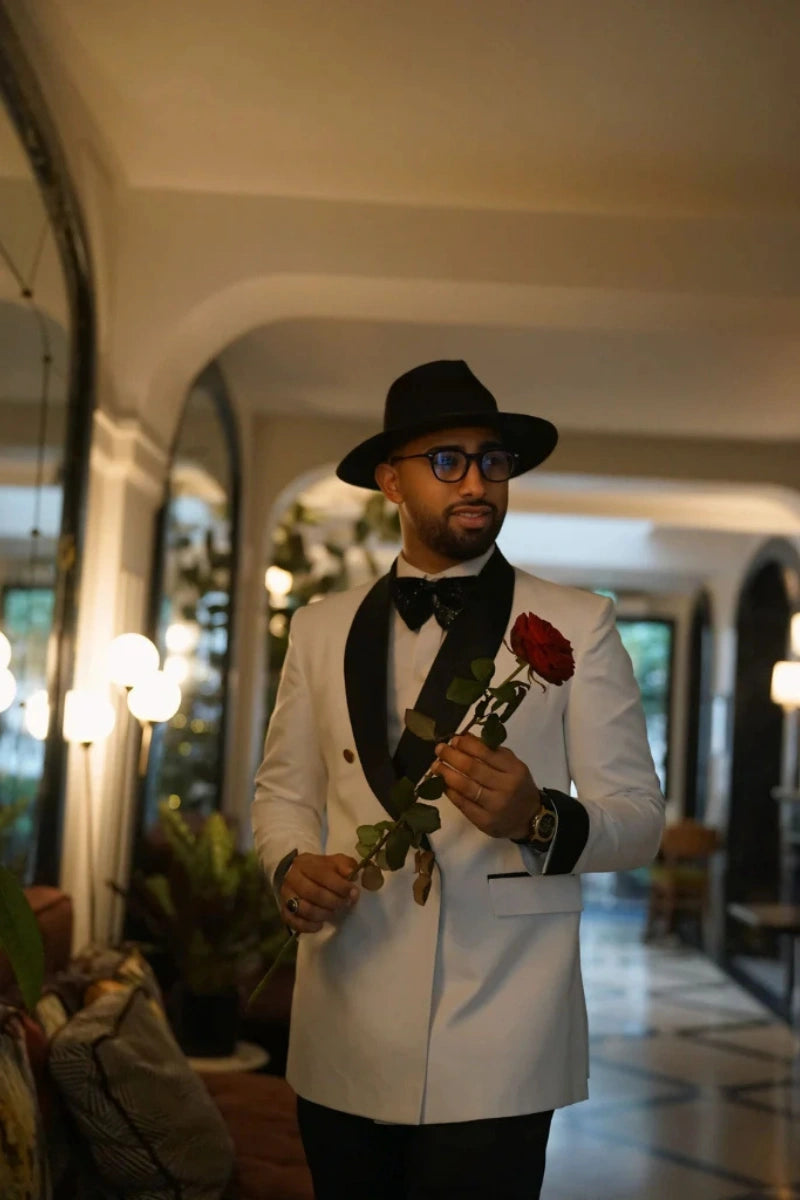 White blazer with shawl collar and black satin cuffs