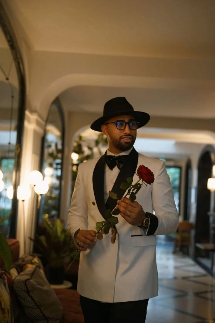 White blazer with shawl collar and black satin cuffs