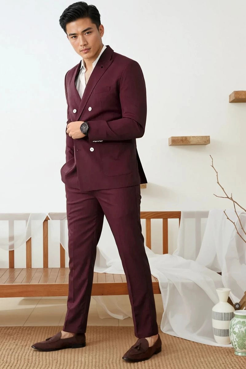 Men wine double breasted suit front