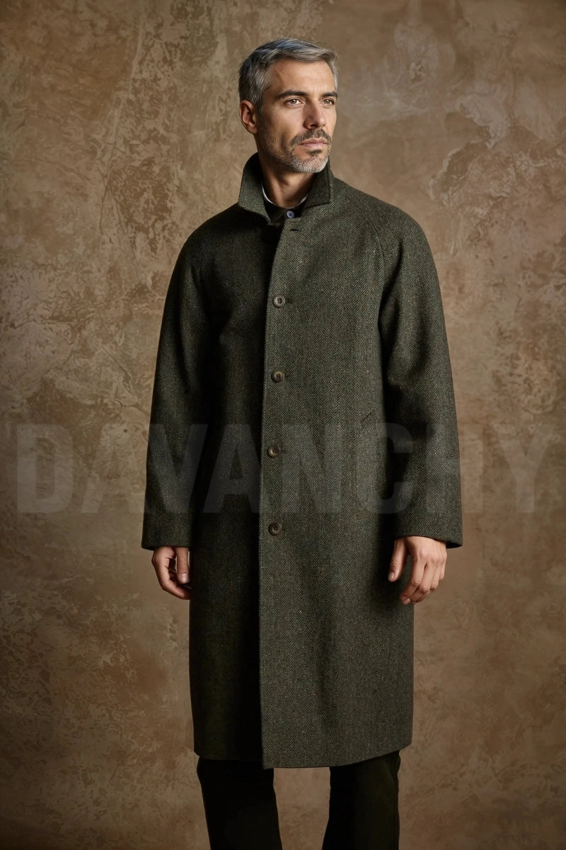 Men olive green tweed herringbone overcoat-front