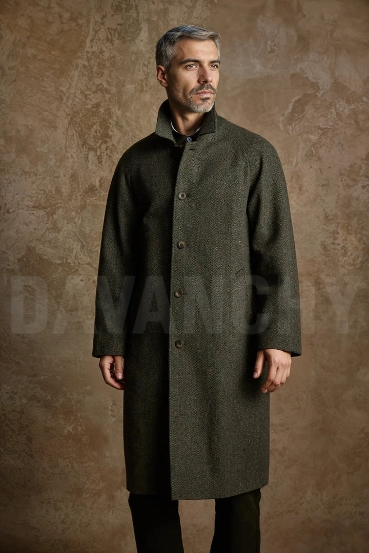 Men olive green tweed herringbone overcoat-front