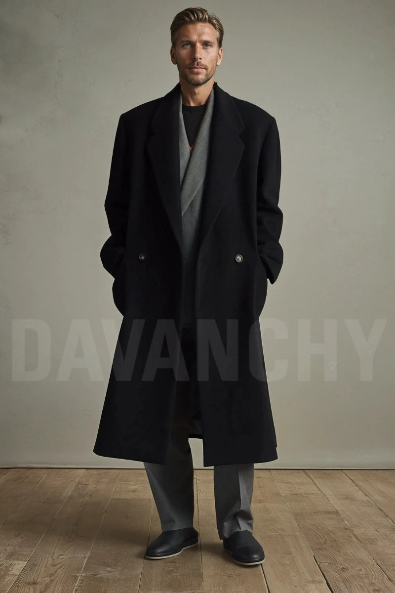 Men black double-breasted overcoat for winter-front
