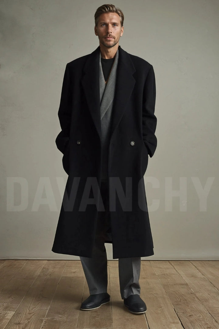 Men black double-breasted overcoat for winter-front