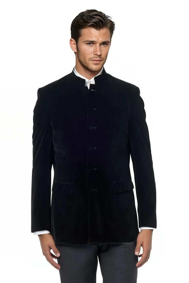 Elegant men’s slim‑fit Bandhgala coat in black velvet