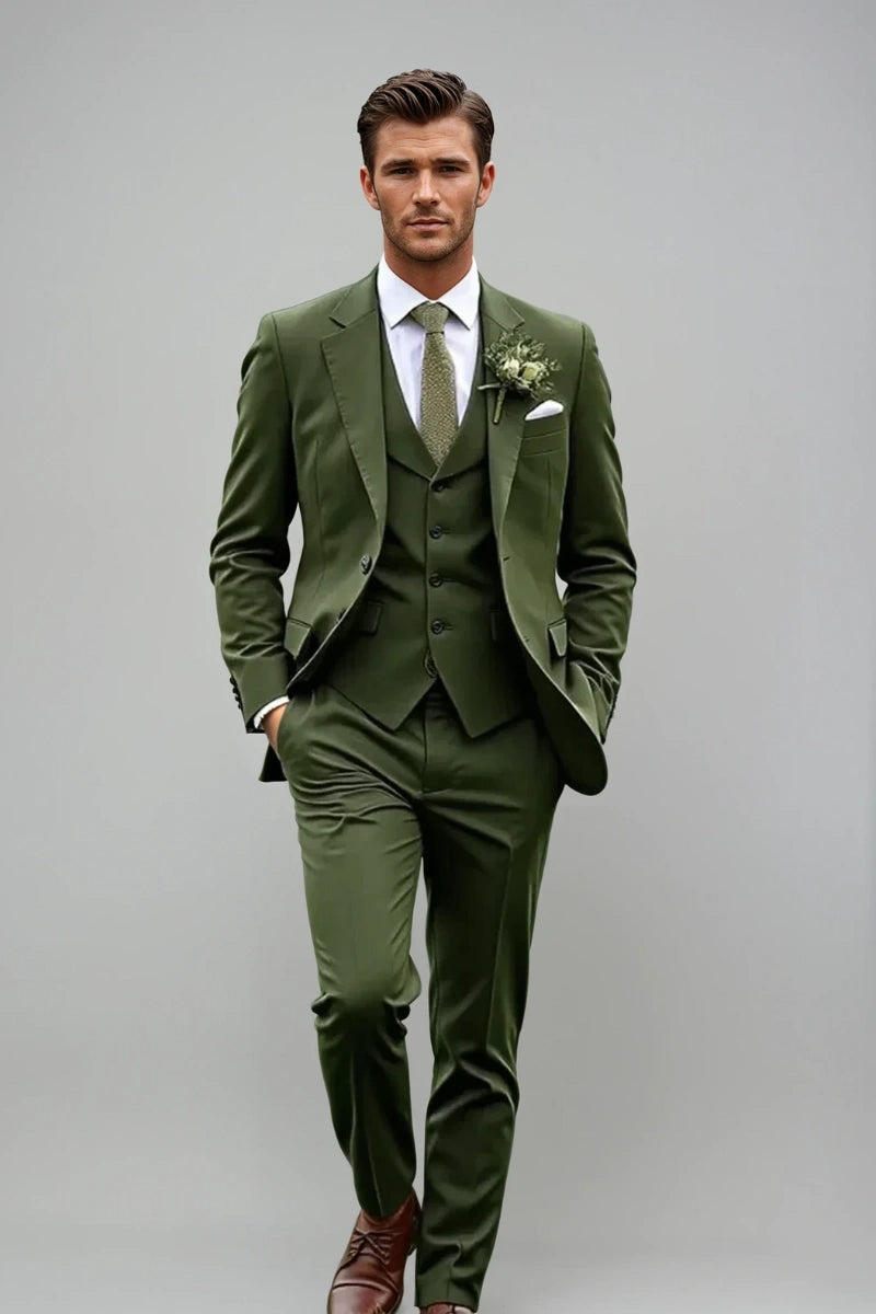 Buy Now Men Olive Green Three-Piece Wedding Suit | Groom Formal Attire   DAVANCHY