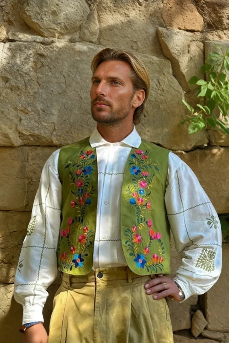 Olive green embroidered waistcoat for men