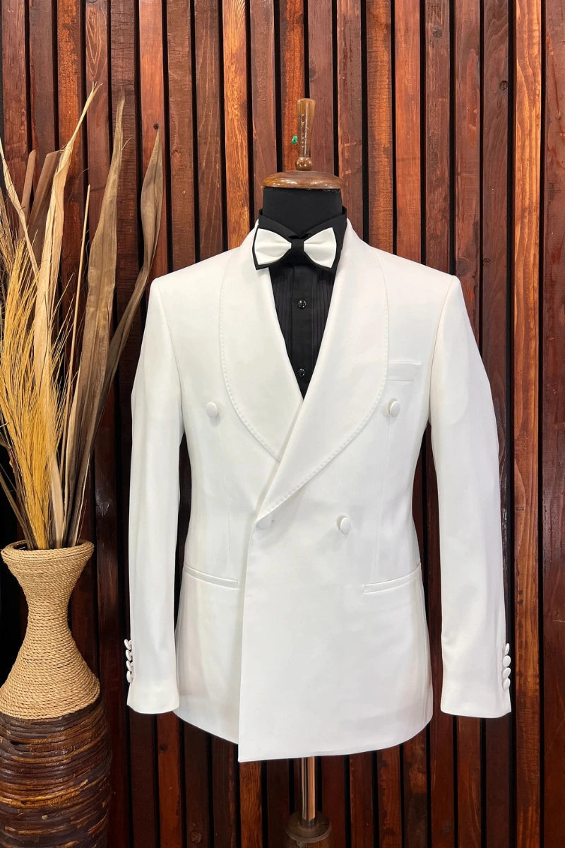 Men’s white double-breasted blazer coat with shawl lapel