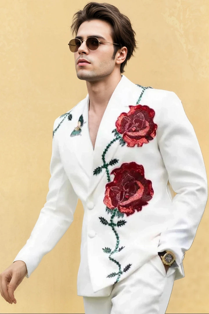 Men's White Embroidered Double-Breasted Blazer