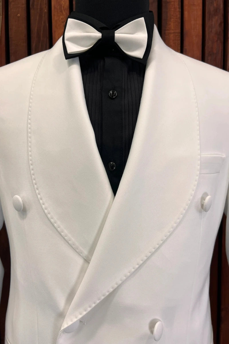 White groom coat for wedding reception with slim tailored fit and classic lapel detail.