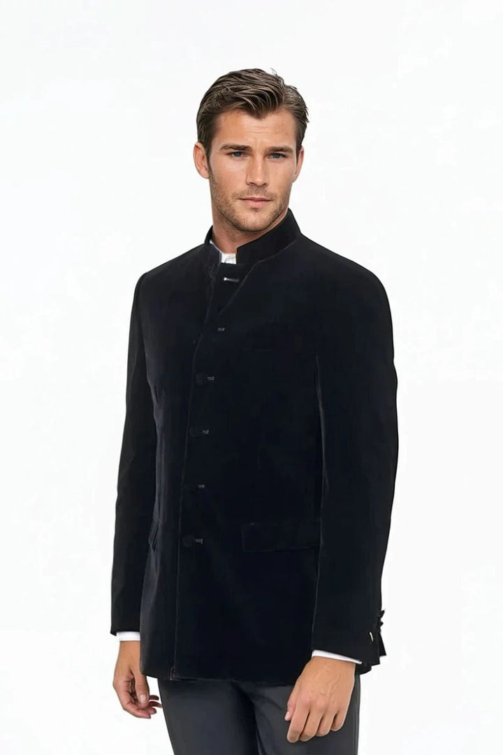 Black velvet slim‑fit Bandhgala coat for men