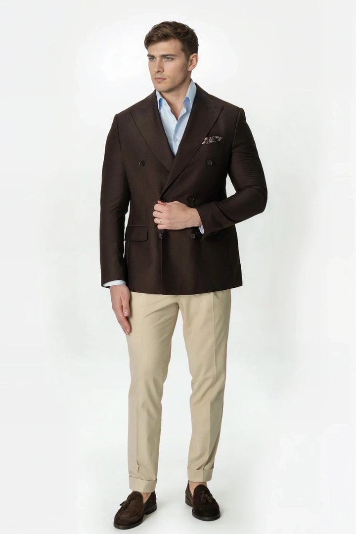 Men's brown double-breasted formal blazer by Davanchy