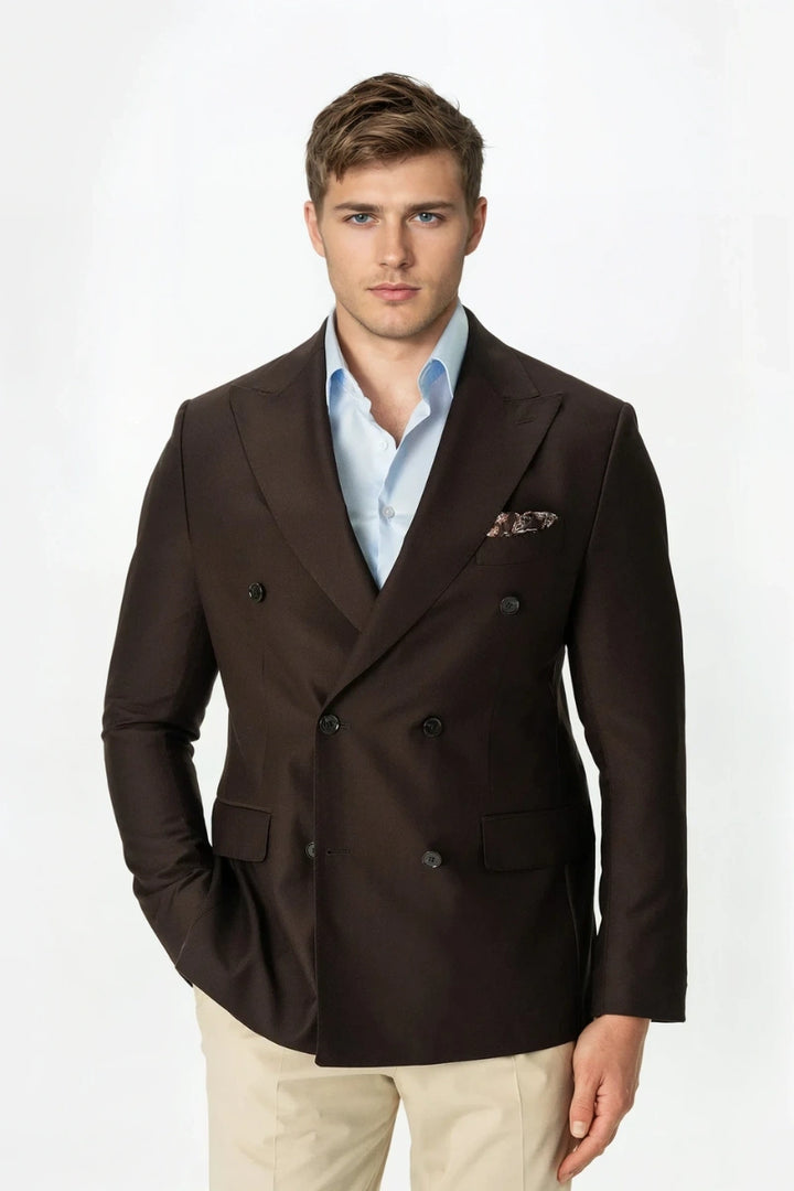 Stylish man wearing a Davanchy vintage look brown double-breasted blazer, suitable for a party or formal event.