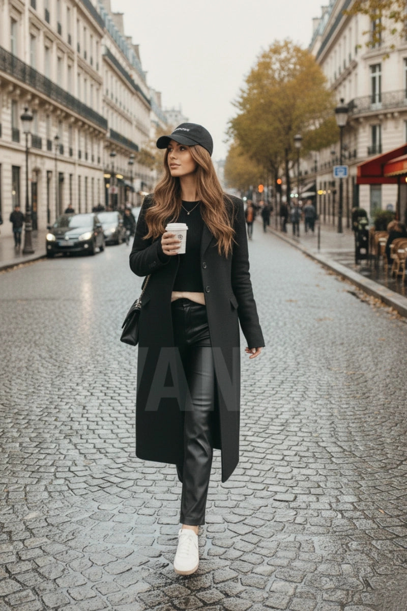 Black long coat for women winter outerwear-Front