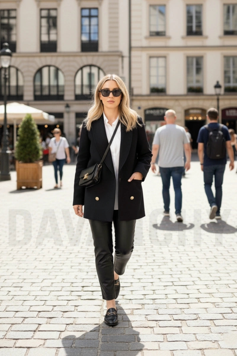 Women black pea coat-front