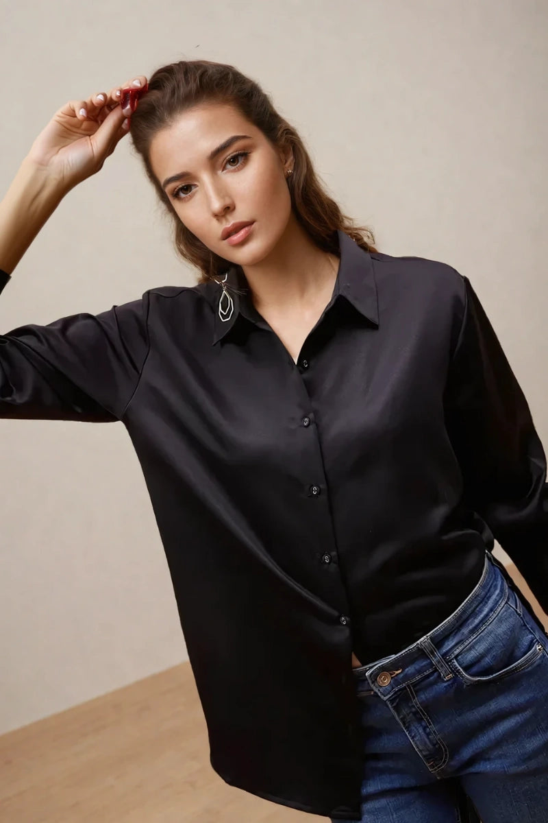 Black Satin Shirt For Women Elegant Casual Shirt Stylish Beach Shirt