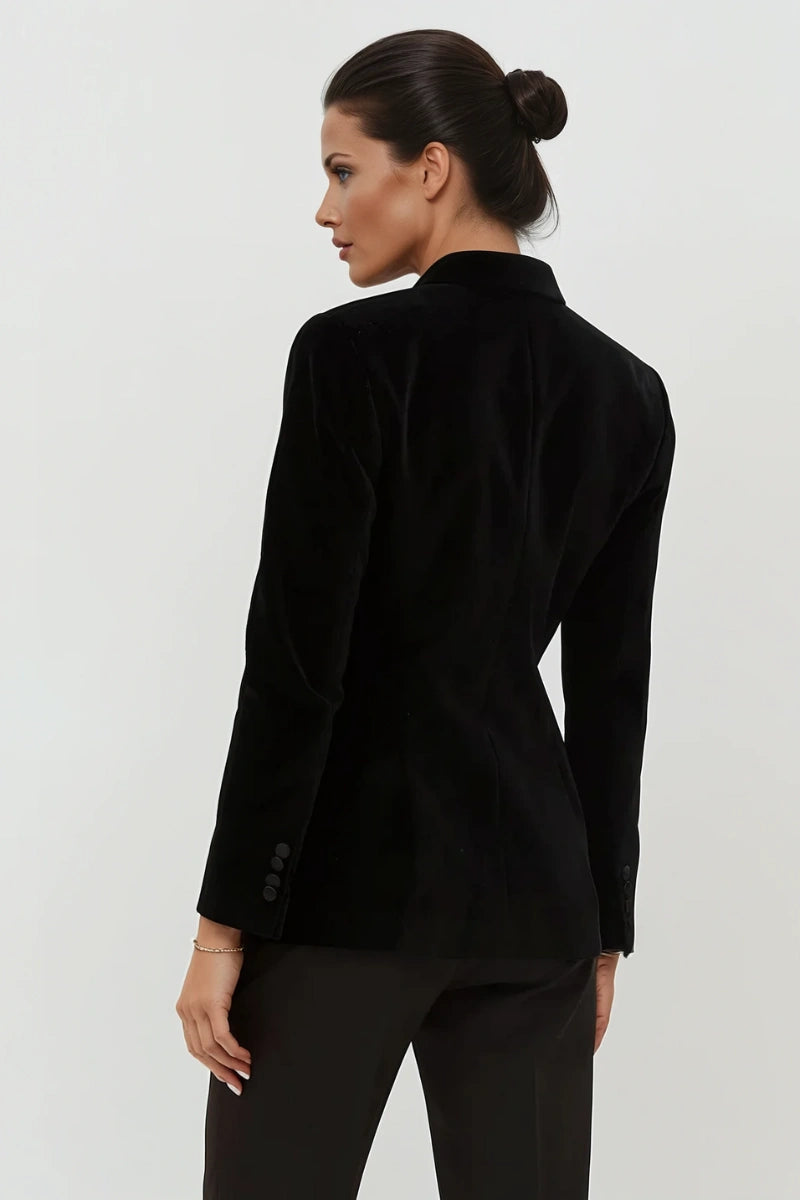 women black velvet tuxedo blazer showcasing fitted silhouette