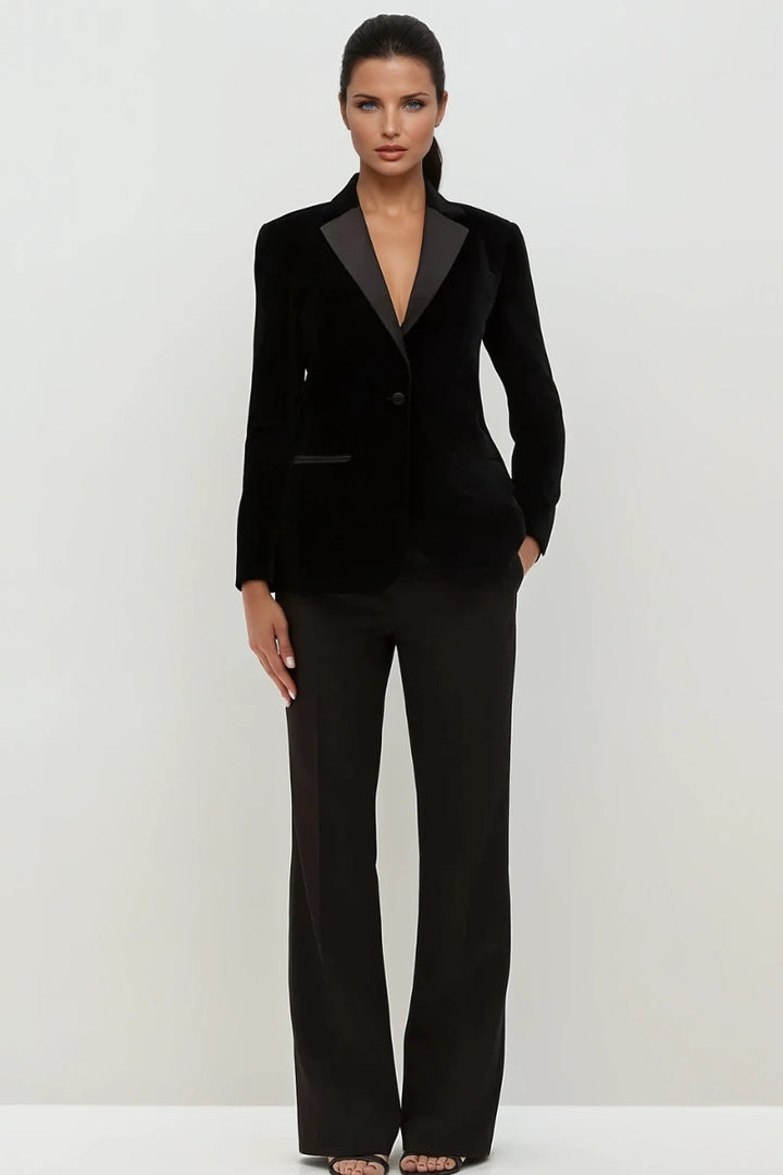 Stylish formal black velvet blazer for women, perfect for business events