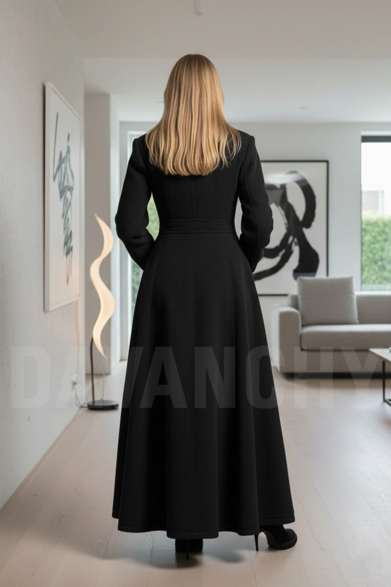 Women black tweed stylish long overcoat - back
