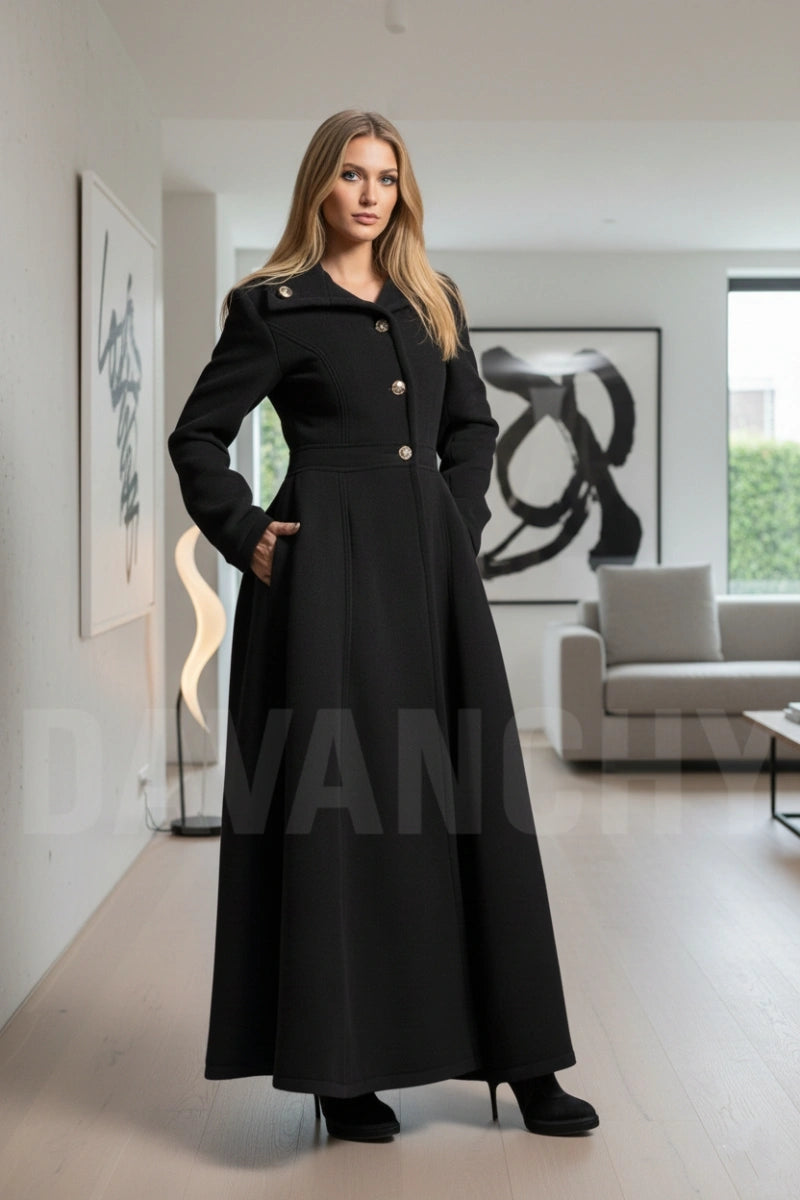 Women's formal black winter overcoat with back buttons-front