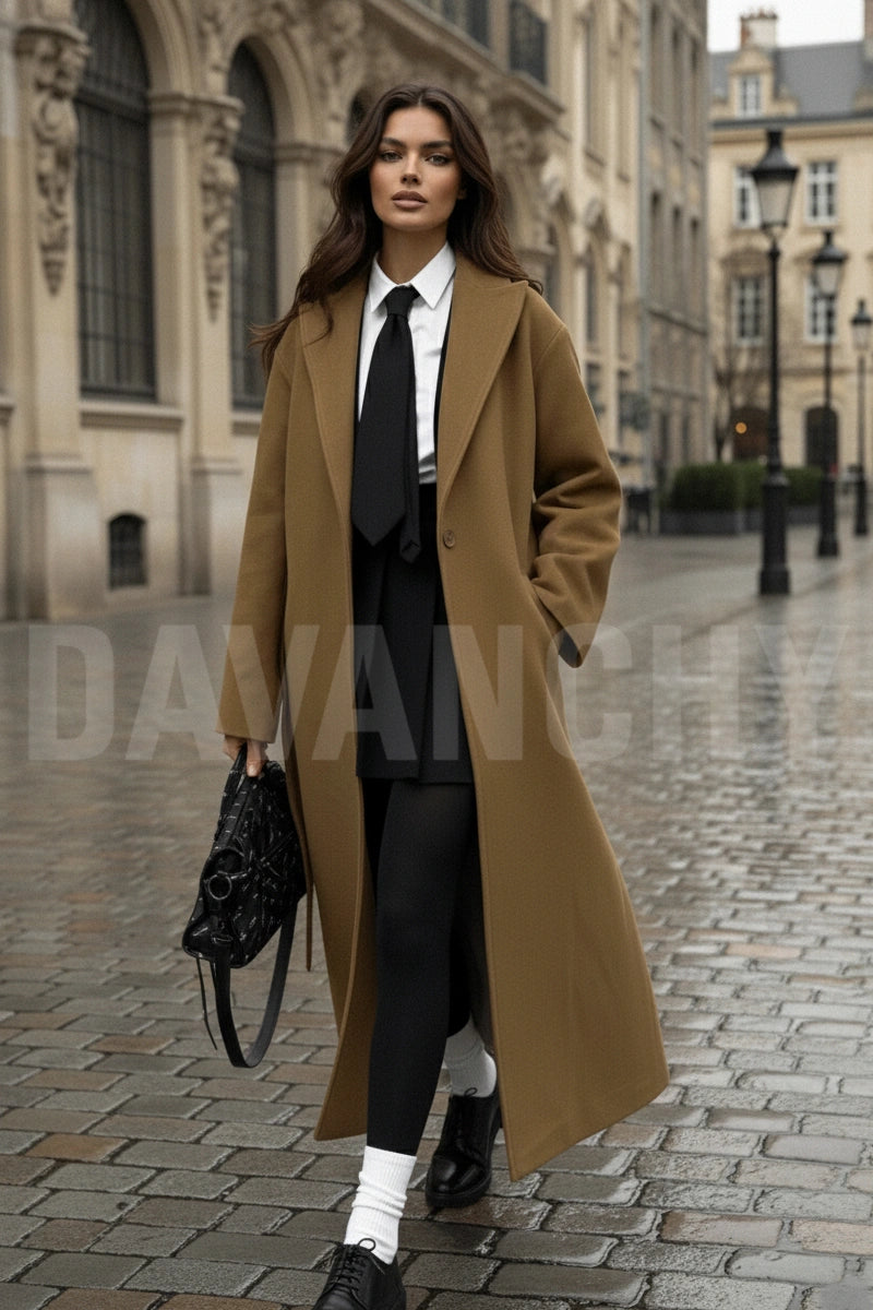 Women brown wool long tailored overcoat - front
