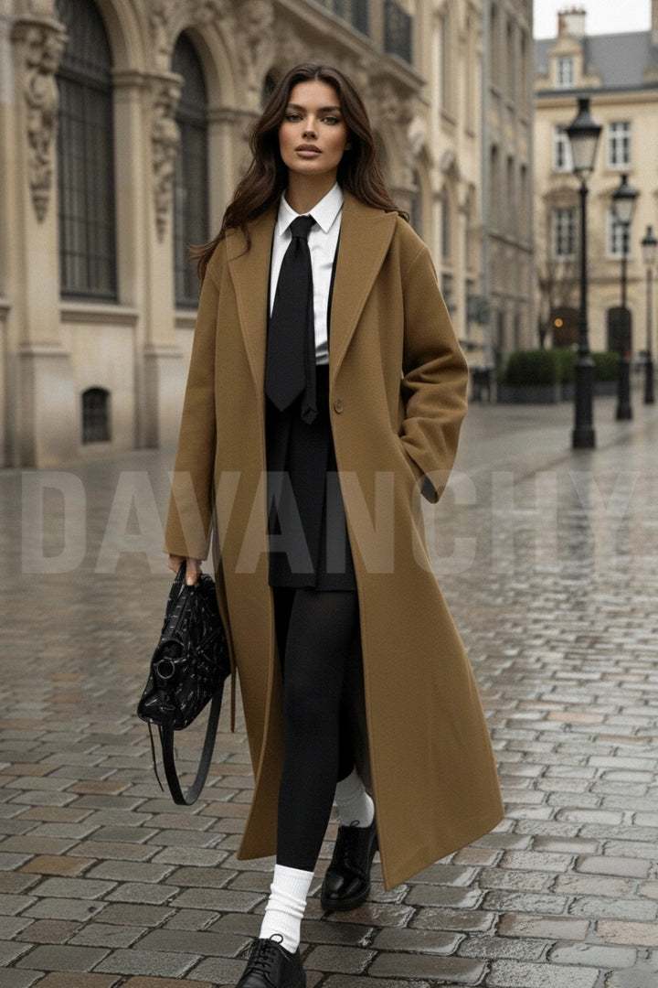 Women brown wool long tailored overcoat - front