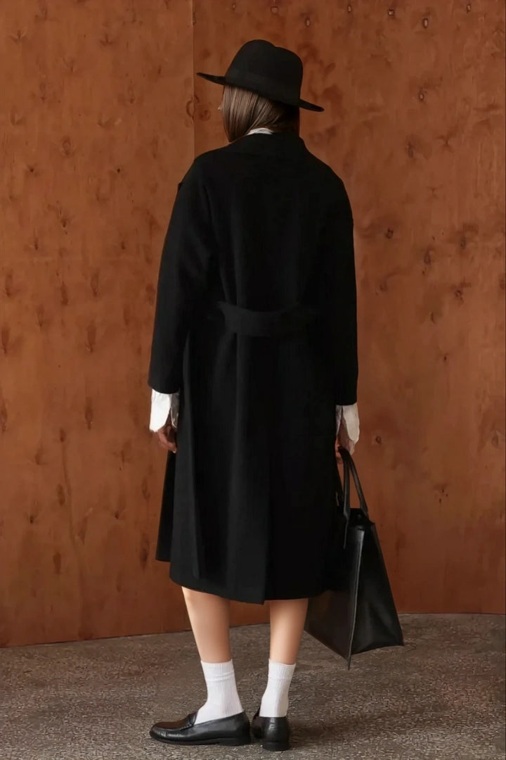 Tailored fit vintage black wool long coat for women