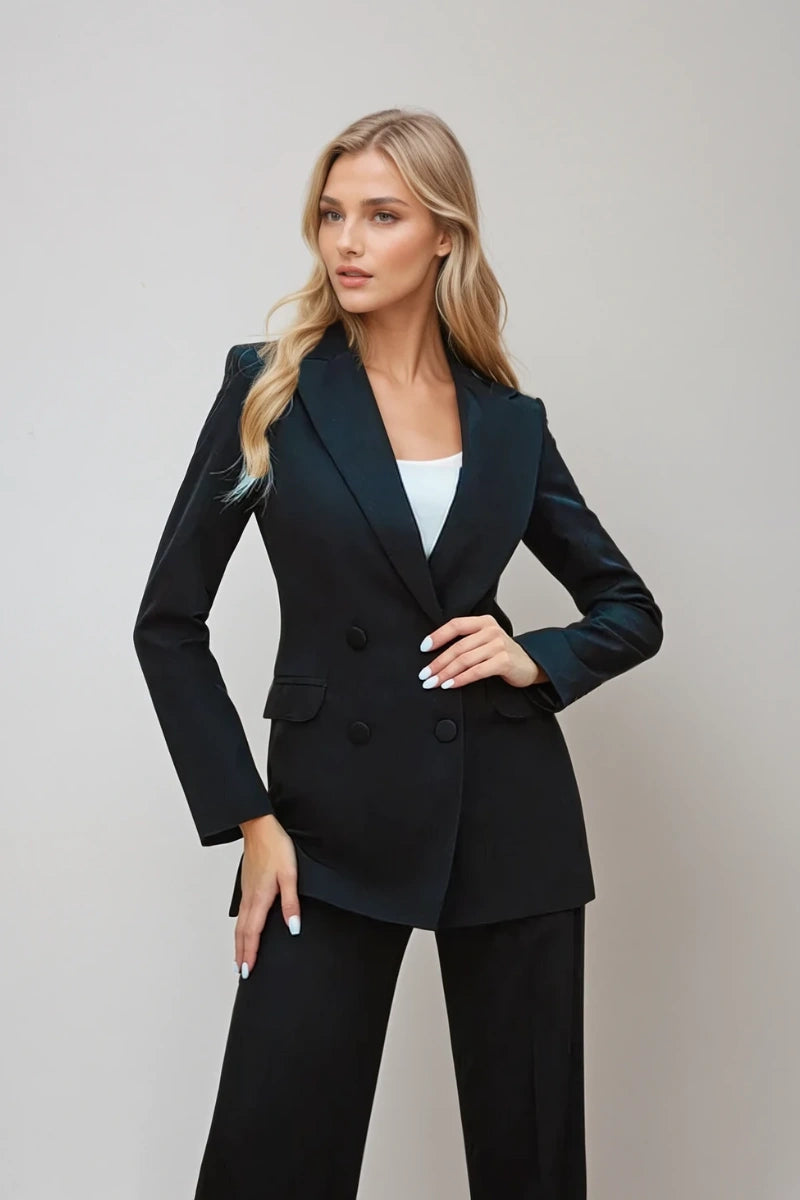 Women's black double-breasted suit with slim-fit pants"
