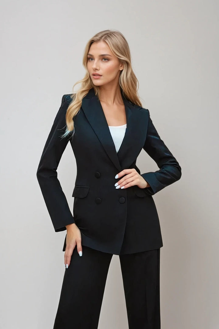 Women's black double-breasted suit with slim-fit pants"