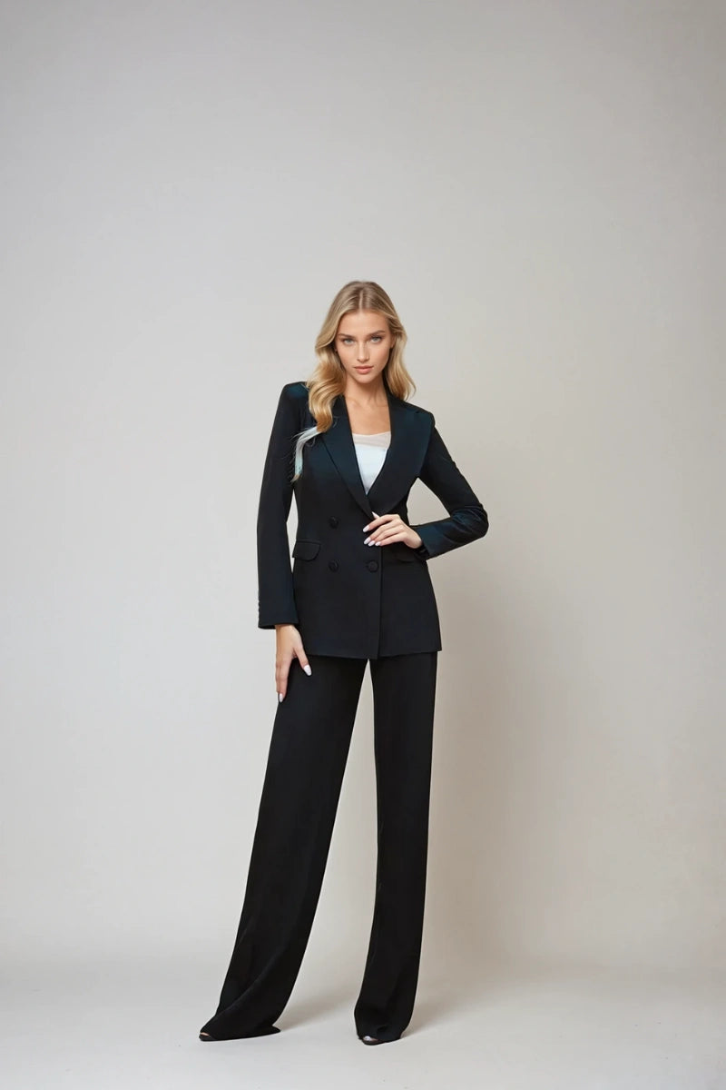 Women's black double-breasted suit front view with tailored blazer and formal pants