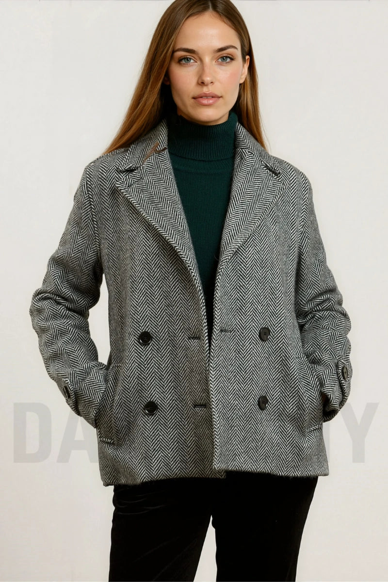 Women herring bone tweed pea coat-Front