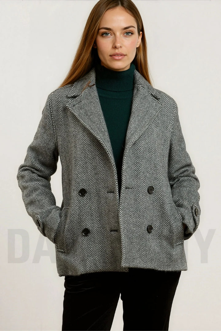 Women herring bone tweed pea coat-Front