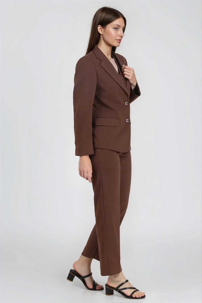 Close-up of brown formal blazer with peak lapel and button detail