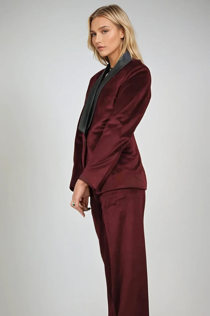 Women Wine velvet Two Piece Suit