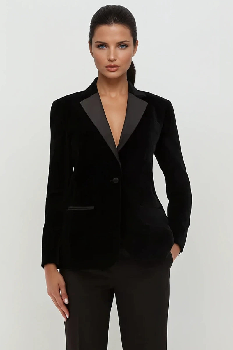 Women wearing black velvet tuxedo blazer with notch lapel collar