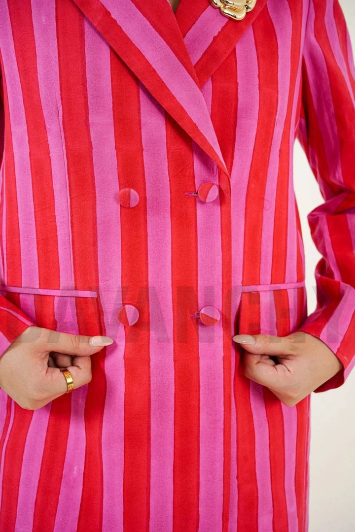 Women’s pink and red striped cotton blazer with peak lapel collar and fabric-covered buttons